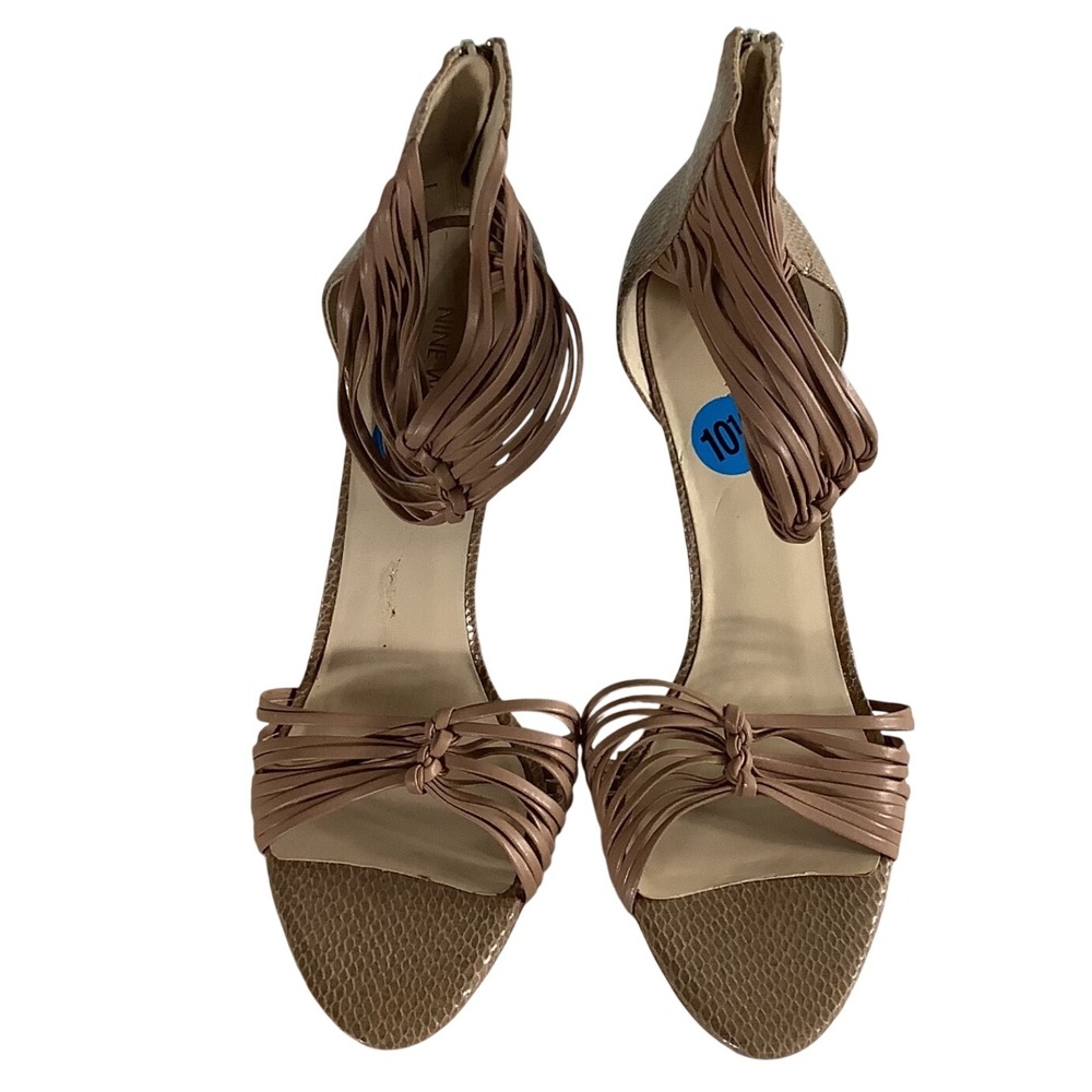 Nine West Strappy Stiletto Heels Tan Snakeskin Ankle Wrap Sandals Size 10.5 M